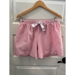 Ellie O Pink White Seersucker Scalloped Hem Shorts Womens Large Preppy Coastal